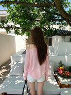 Korean Style Elegant Youthful Pink Letter Print Long Sleeve T-shirt Women Summer Thin Loose Casual Designer Niche Top