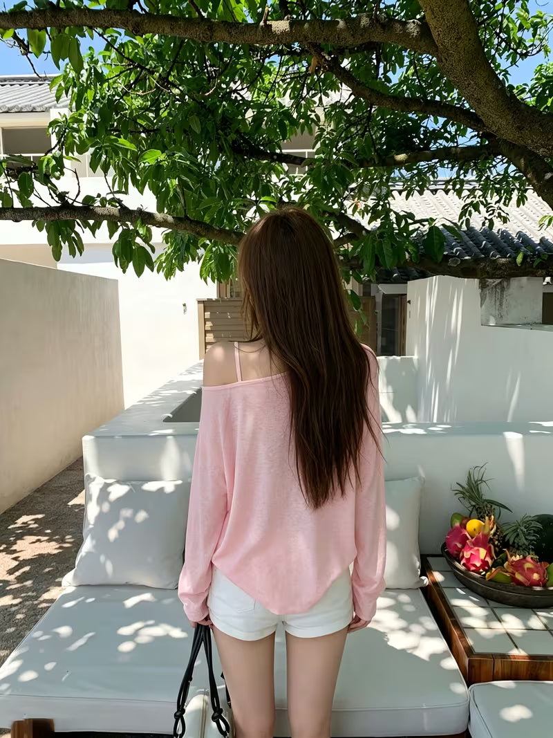 Korean Style Elegant Youthful Pink Letter Print Long Sleeve T-shirt Women Summer Thin Loose Casual Designer Niche Top