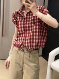 Short-sleeved Plaid Shirt Women, 2026 New Summer Fashion, Beautiful Top, French-style Ruffled Plaid Cardigan Top