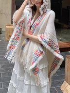 thnic Style Hooded Shawl | Women's, Hollow-Out Fringe Cape Coat, Color Block Hooded Travel Shawl, Loose Fit Cape, Unique Design Niche Hooded Fringe Shawl, Outerwear Ethnic Style Cape Coat with Hood