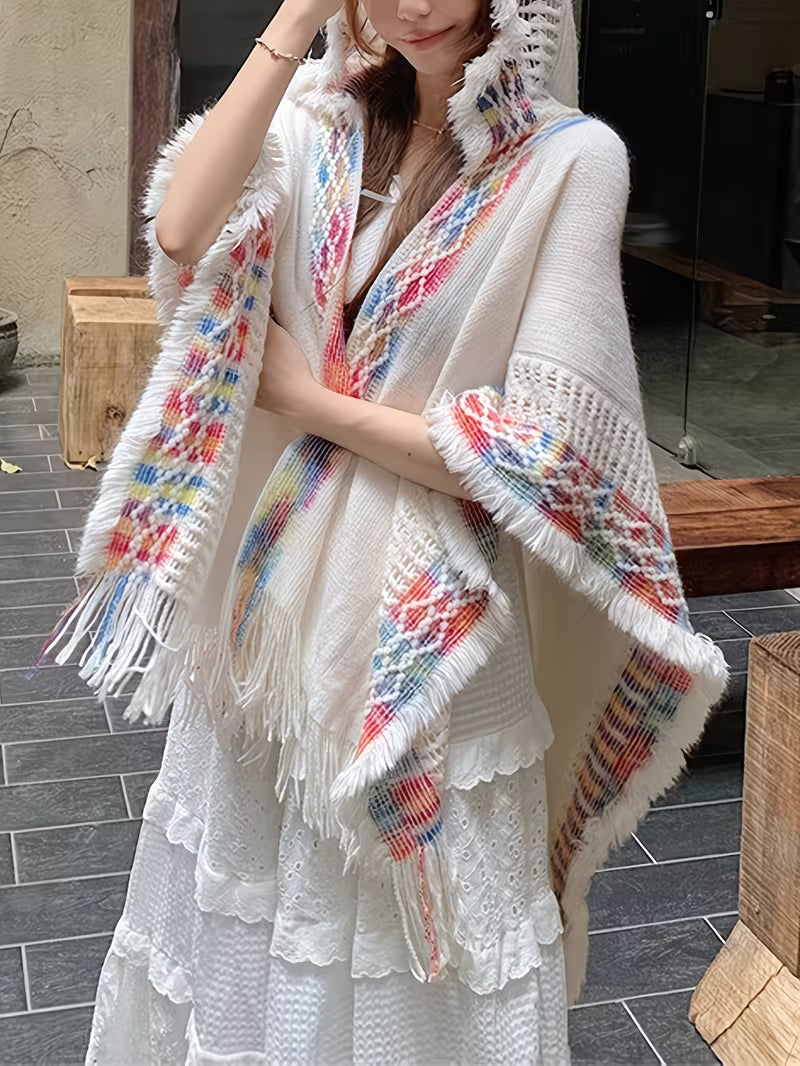 thnic Style Hooded Shawl | Women's, Hollow-Out Fringe Cape Coat, Color Block Hooded Travel Shawl, Loose Fit Cape, Unique Design Niche Hooded Fringe Shawl, Outerwear Ethnic Style Cape Coat with Hood