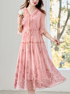 New Mulberry Heavy Embroidery Solid Color Midi Dress for Women, Pure Dress