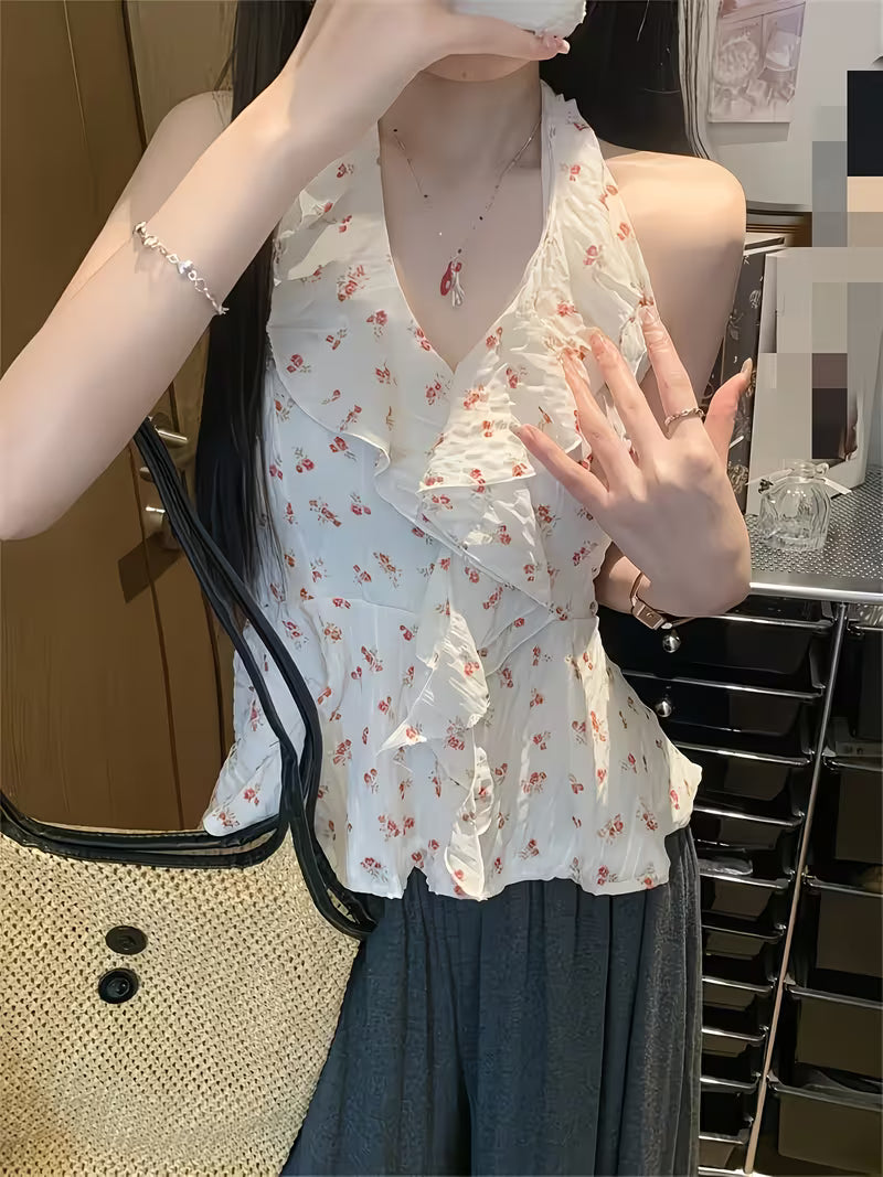 Summer Floral Halter Top Women V Neck Off Shoulder Backless Slim Y2K Cute Crop Top