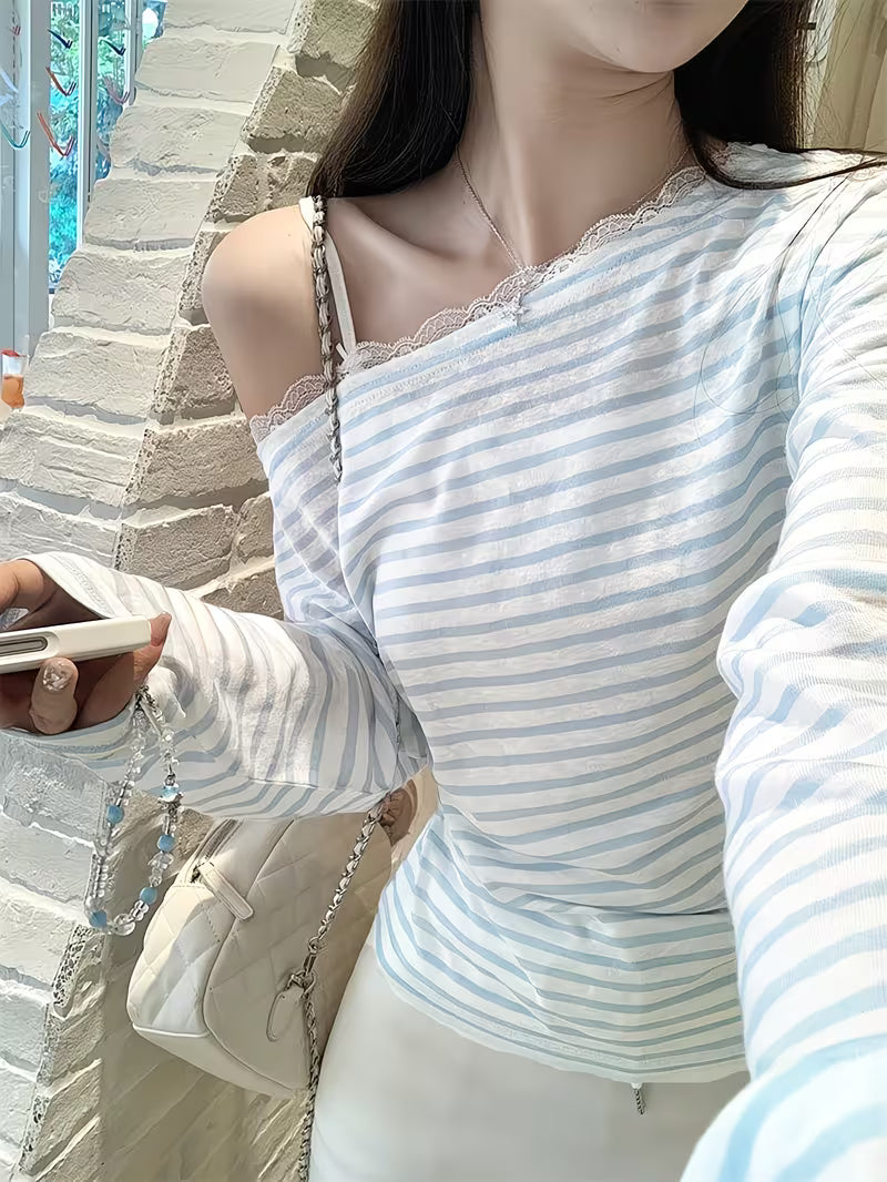 Korean Style Off-shoulder Striped Lace Long Sleeve T-shirt Women's New Loose Outer Wear Cover-up Sweet Top