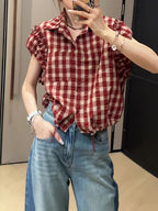 Short-sleeved Plaid Shirt Women, 2026 New Summer Fashion, Beautiful Top, French-style Ruffled Plaid Cardigan Top