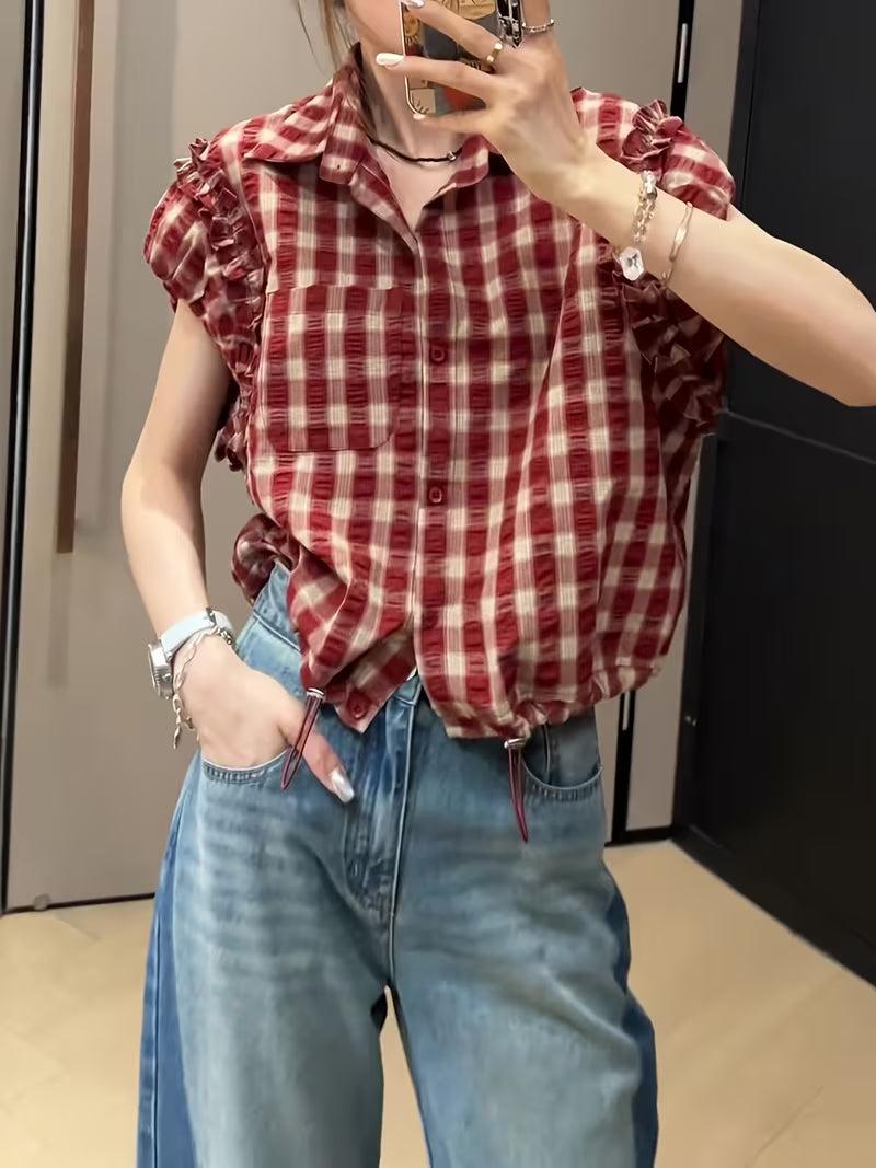 Short-sleeved Plaid Shirt Women, 2026 New Summer Fashion, Beautiful Top, French-style Ruffled Plaid Cardigan Top