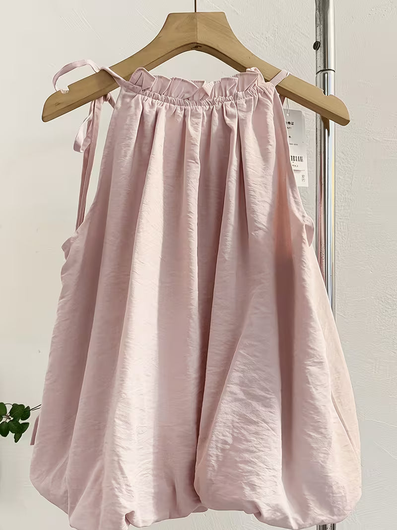 Summer New Pink Tie-String Off-Shoulder Sleeveless Vest Shirt Sweet Age-Reducing Short Puff Sleeve Blouse Top