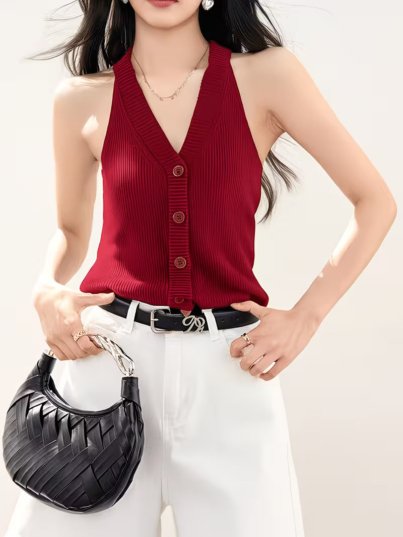 Women's Sleeveless V-Neck Vest Sweater - Sleeveless Suspender Top with V-Neck Neckline, High Elasticity Tunic for Spring Summer Outerwear, Korean Style