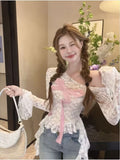 American Pure Desire New Off-The-Shoulder Lace Top Women'S Spring Cute Bow Design Sense Fashion Temperament Unique Elegant Beautiful Slim-Fitting Atmosphere Sweet Spicy Ruffle Versatile Long-Sleeved Top