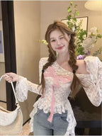 American Pure Desire New Off-The-Shoulder Lace Top Women'S Spring Cute Bow Design Sense Fashion Temperament Unique Elegant Beautiful Slim-Fitting Atmosphere Sweet Spicy Ruffle Versatile Long-Sleeved Top