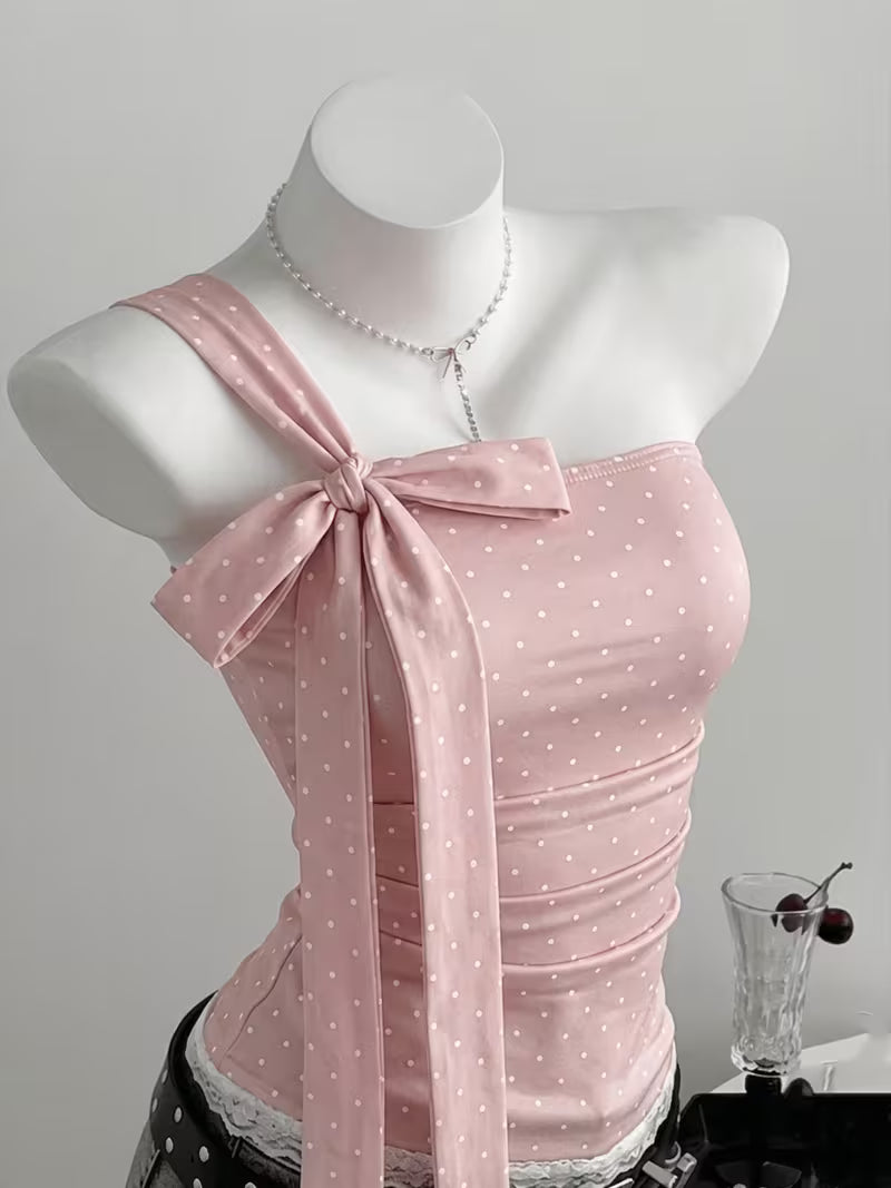 French Pure Desire Hot Polka Dot Off-Shoulder Vest Women'S Summer Hot Slim Bow Tie Strap One-Shoulder Camisole Top