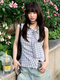 Korean Stand Collar Irregular Plaid Sleeveless Shirt for Women, Wide Tie Waist Slim Fitted Elegant Vest Top Summer