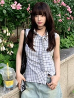 Korean Stand Collar Irregular Plaid Sleeveless Shirt for Women, Wide Tie Waist Slim Fitted Elegant Vest Top Summer