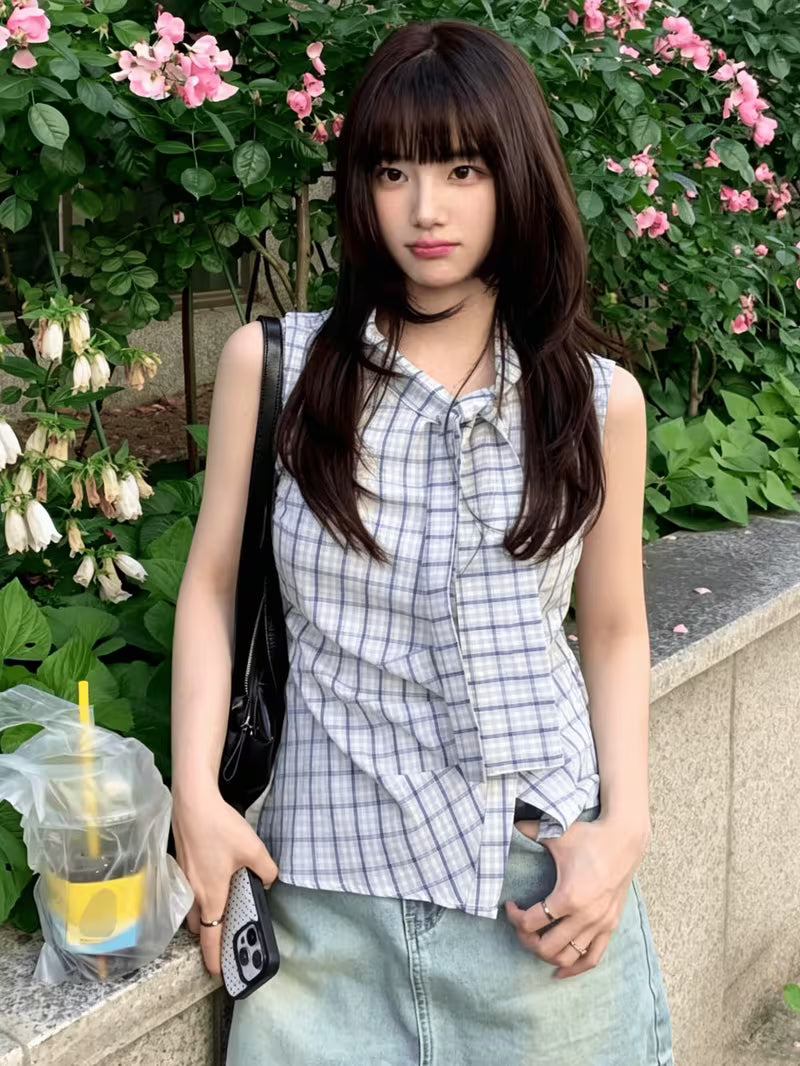 Korean Stand Collar Irregular Plaid Sleeveless Shirt for Women, Wide Tie Waist Slim Fitted Elegant Vest Top Summer