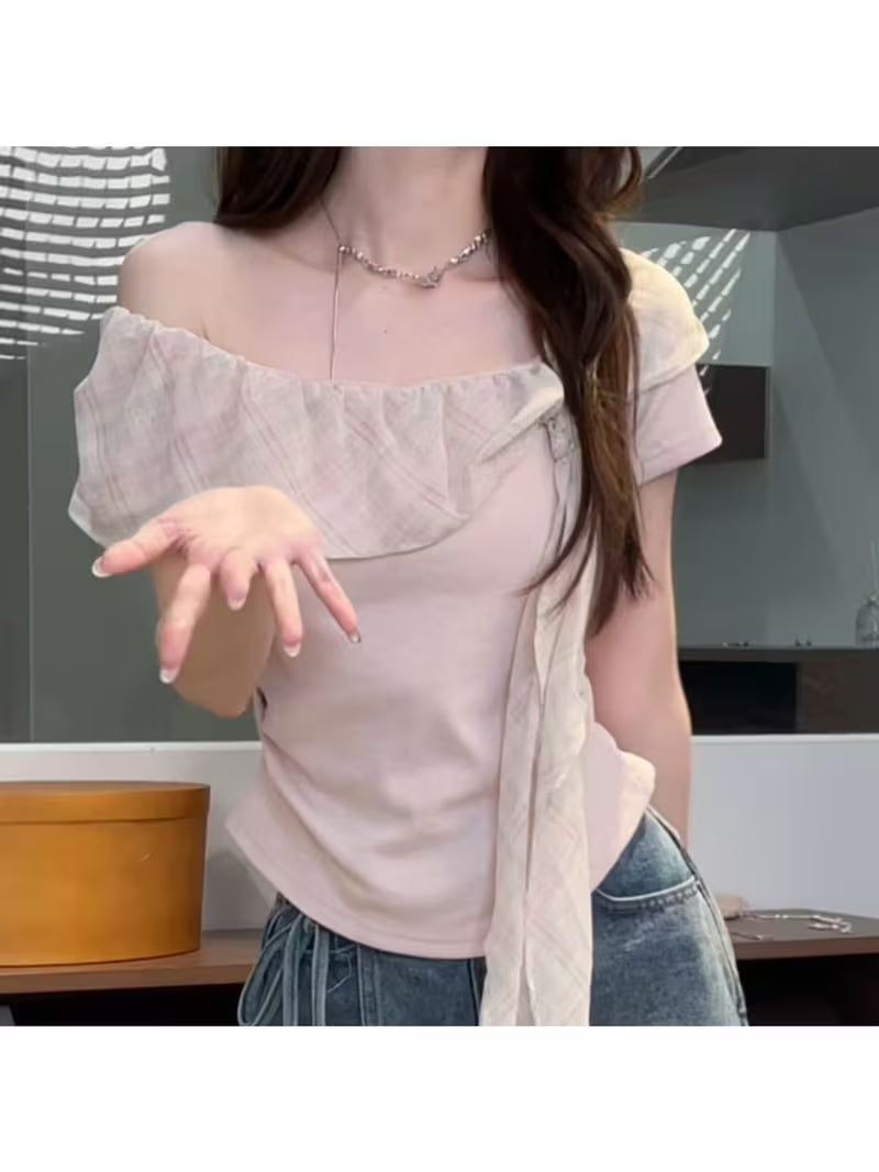 Pure-Style Design with a Waist-Constricting Fit That Slimlines The Figure. Ruffle-Trimmed, Tie-Cuffed Design. Sweet, Plaid Patterned Short-Sleeved Top for Summer, with a Shoulder-Bare Design