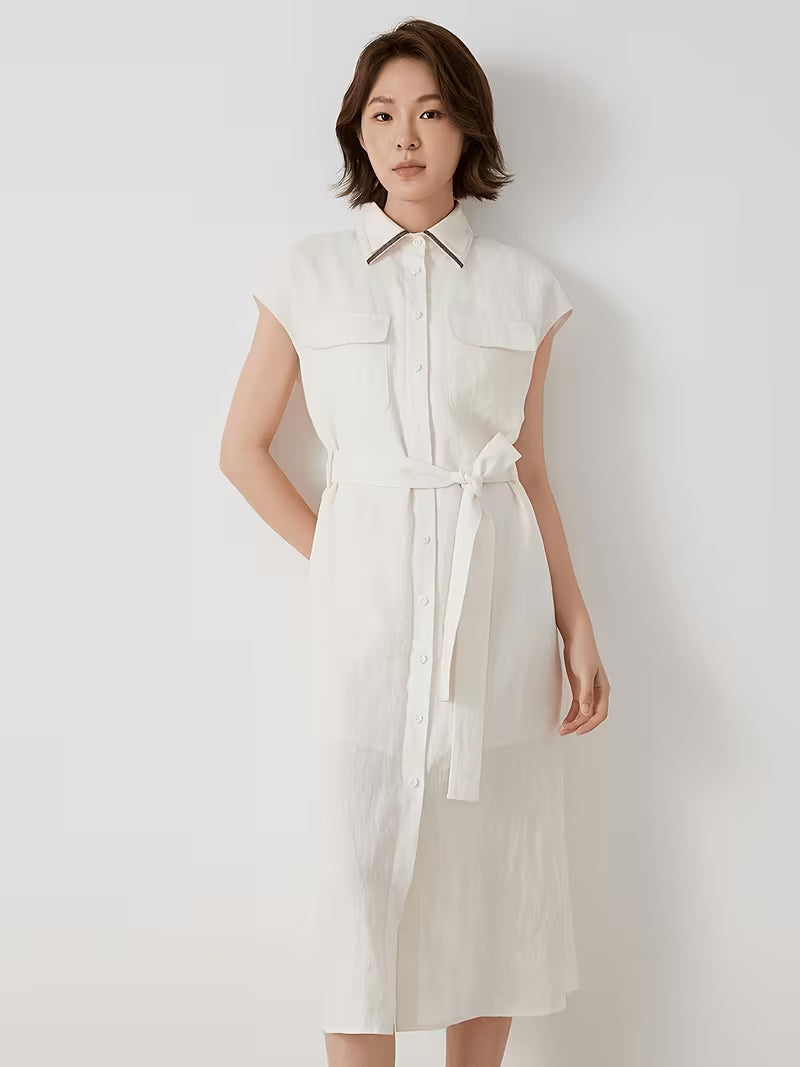 Women'S Summer Long Sleeveless Shirt Made of 100% Linen with Turn- Collar, Metallic Accents, Button- Front, Chest Pockets, Side Slits, And a Relaxed Fit