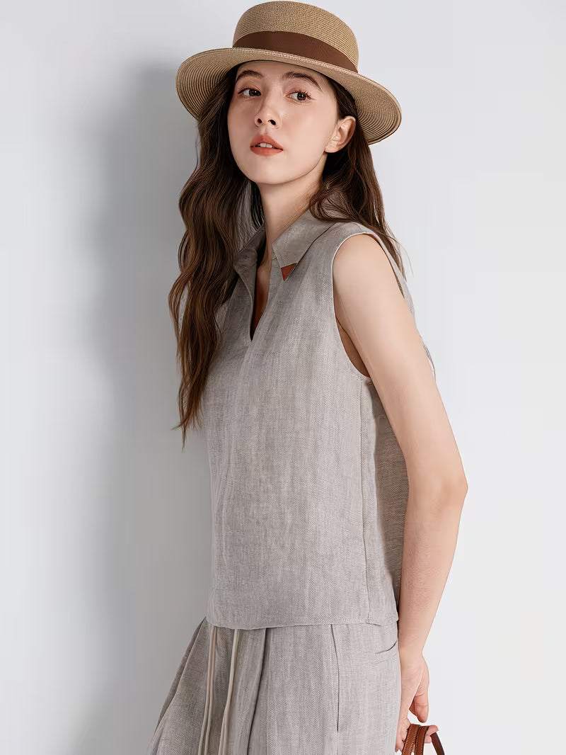 Women's 100% Linen LP Vest Blouse Trim Polo Neck Sleeveless Polyester Lining Summer Daily Top