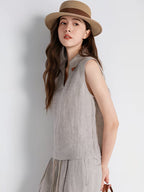 Women's 100% Linen LP Vest Blouse Trim Polo Neck Sleeveless Polyester Lining Summer Daily Top