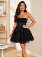 Women Strapless Mesh Spliced Short Dress with 3D Floral Decorations