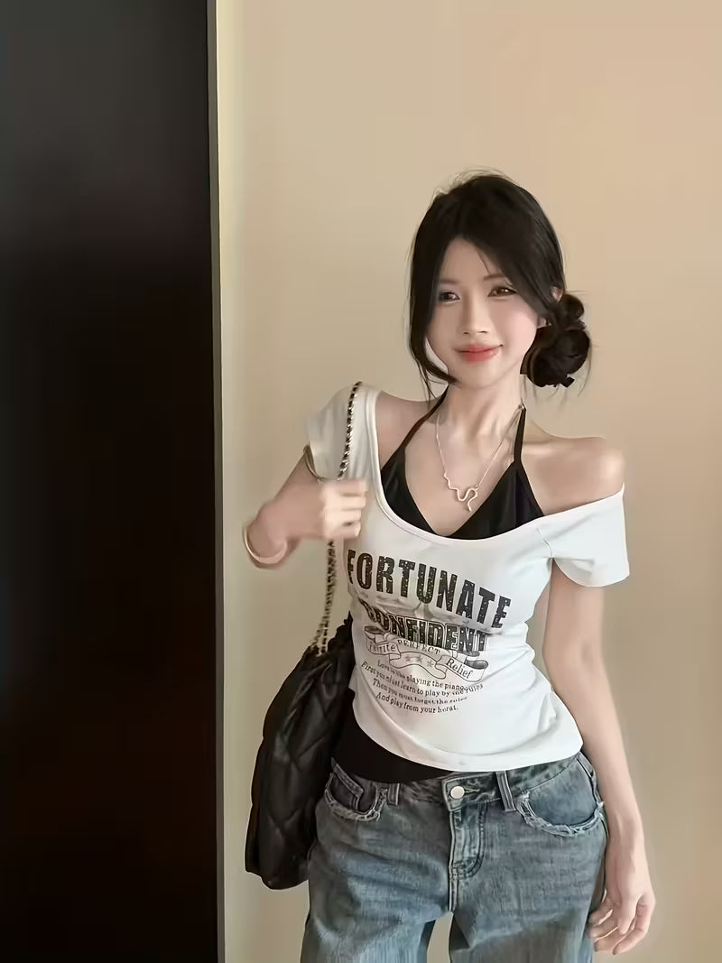 Letter Print Short-Sleeve T-Shirt for Women | Summer Design, Unique Faux Two-Piece Top, Trendy Halter Tank Top for Layering or Wearing Alone, Cropped Style