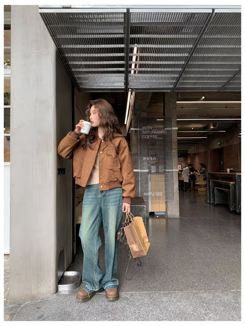 New American Retro Baseball Jacket Women, Small Short Locomotive Style Cardigan Jacket Loose and Thin Versatile Top Ins Tide