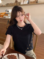 Summer Pure Color Button Detail Asymmetrical Hem T-Shirt Casual Versatile Short Sleeve Top