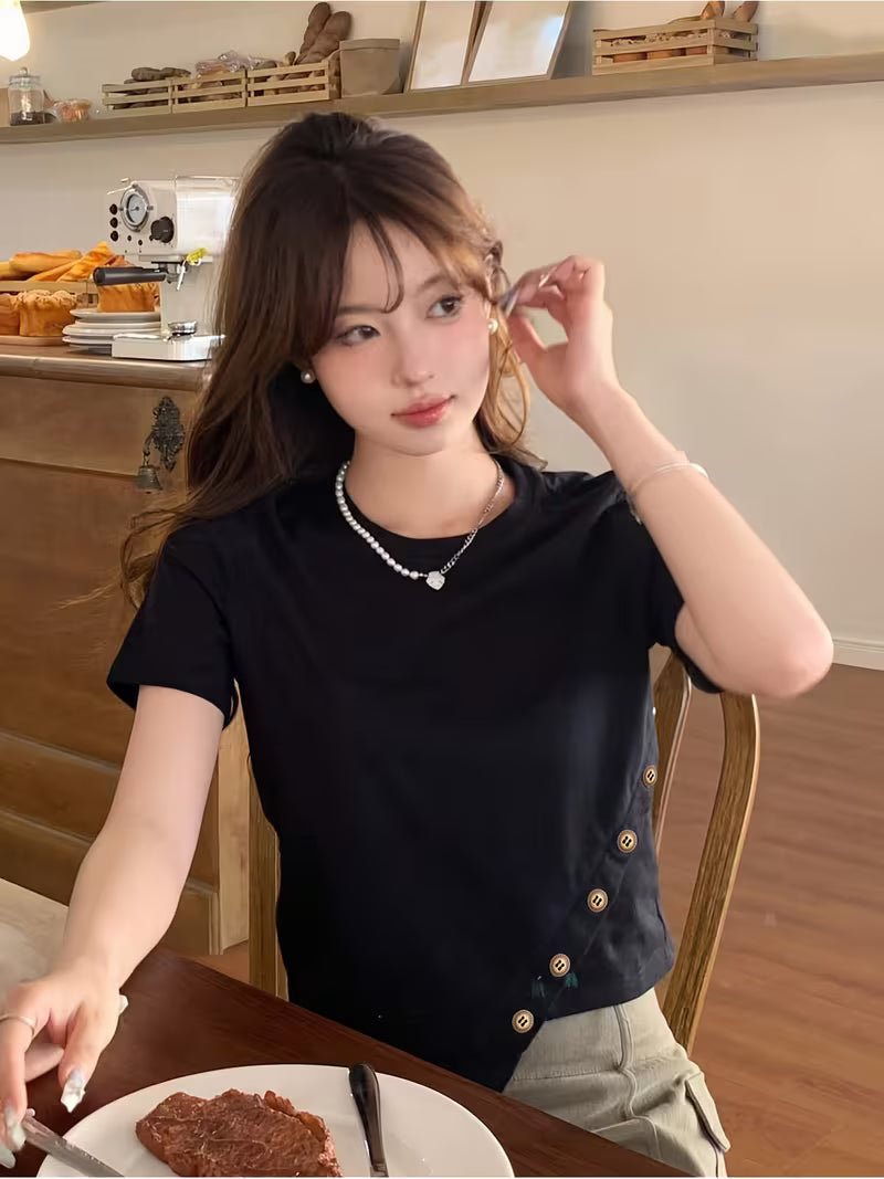 Summer Pure Color Button Detail Asymmetrical Hem T-Shirt Casual Versatile Short Sleeve Top