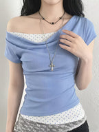 Korean Style Gentle Girly Blue Polka Dot Print 2-in-1 Look Off-Shoulder Women's T-Shirt, Cowl Neck Off-Shoulder Waist-Cinching Hot Short Sleeve Summer New Arrival Daily Wear Women's Top