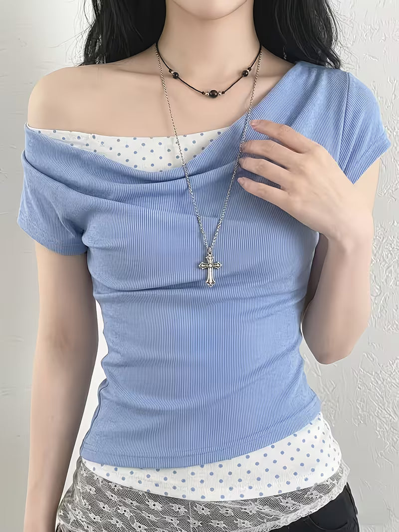 Korean Style Gentle Girly Blue Polka Dot Print 2-in-1 Look Off-Shoulder Women's T-Shirt, Cowl Neck Off-Shoulder Waist-Cinching Hot Short Sleeve Summer New Arrival Daily Wear Women's Top