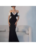 Women Off-Shoulder Mermaid Formal Maxi Dress Floral Decor Fitted Waist Evening Gown Elegant Outfit for Wedding Guest Prom Red Carpet Banquet Party