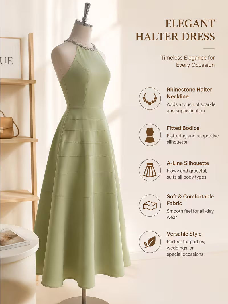 Halter Neck Rhinestone Embellished Sleeveless Slim Waist Dress for Women Daily Office Dating Casual Wear