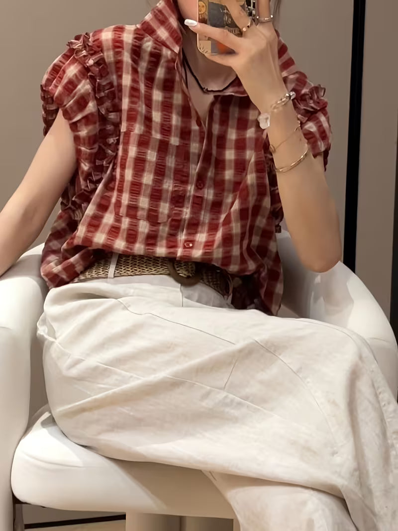 Short-sleeved Plaid Shirt Women, 2026 New Summer Fashion, Beautiful Top, French-style Ruffled Plaid Cardigan Top
