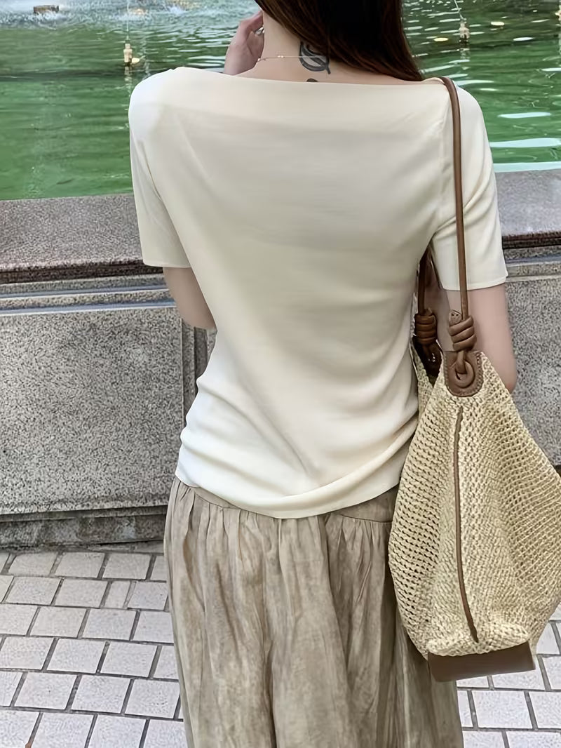 Apricot Peplum Neckline Top with Off-Shoulder Design, Women's New Summer Light Luxury High-End Slim Fit Flattering Short Sleeve T-Shirt