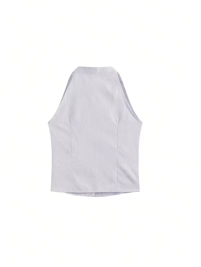 French-Style Cinched Waist Striped Sleeveless Shirt for Women, Summer Slim-Fit Designer Cropped Halter Top