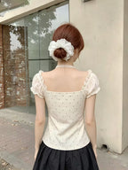Women's Korean Style Off-Shoulder/ Neck Short Sleeve Top - -Line Tunic Shirt with Puffed Sleeves & Lace Trim, Polka Dot Summer Wear Suitable for /Korean Fashion, Hand Washable Non-Sheer Short Length
