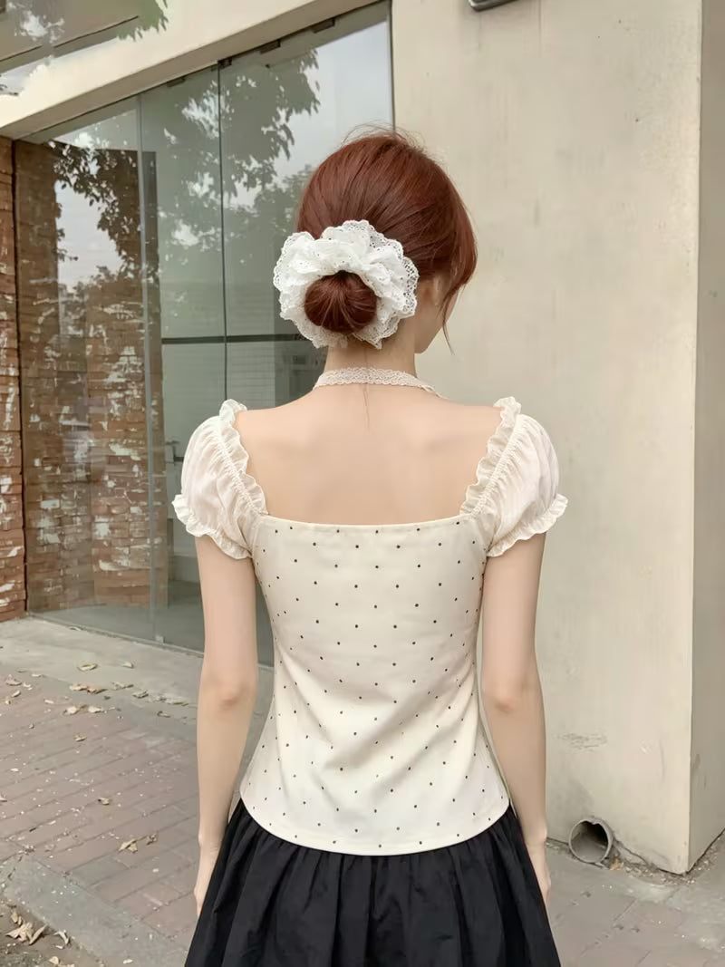 Women's Korean Style Off-Shoulder/ Neck Short Sleeve Top - -Line Tunic Shirt with Puffed Sleeves & Lace Trim, Polka Dot Summer Wear Suitable for /Korean Fashion, Hand Washable Non-Sheer Short Length