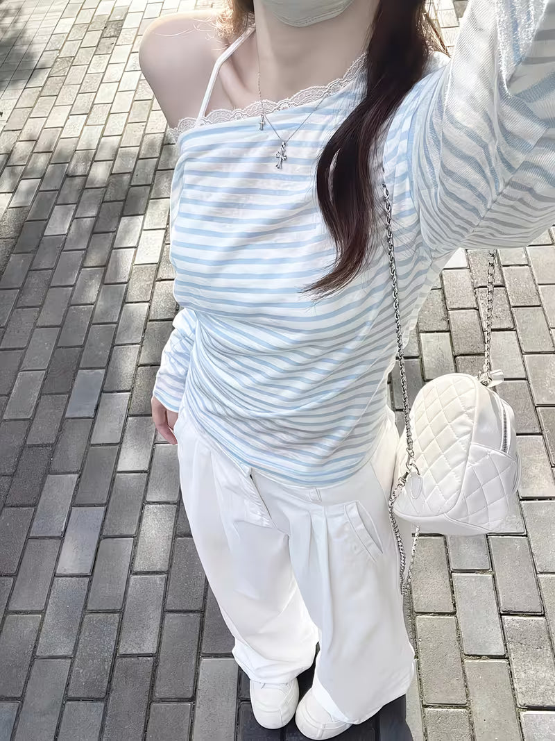 Korean Style Off-shoulder Striped Lace Long Sleeve T-shirt Women's New Loose Outer Wear Cover-up Sweet Top