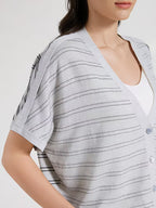 Elegant Women's Spring Summer Wool Short Sleeve Cardigan V-Neck Batwing Sleeve Striped Pattern Button Front Detail Premium Soft Breathable Fabric Versatile Top