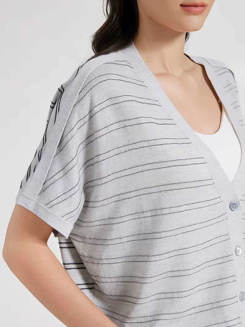 Elegant Women's Spring Summer Wool Short Sleeve Cardigan V-Neck Batwing Sleeve Striped Pattern Button Front Detail Premium Soft Breathable Fabric Versatile Top