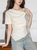 Women's Summer New Korean-style Irregular Short-sleeve T-shirt, Summer Pure and Gentle Short Top for Women