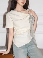 Women's Summer New Korean-style Irregular Short-sleeve T-shirt, Summer Pure and Gentle Short Top for Women