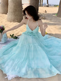 Summer New Blue Suspender Dress for Women, Beach Vacation Style, Off-Shoulder Long Dress with Backless Design