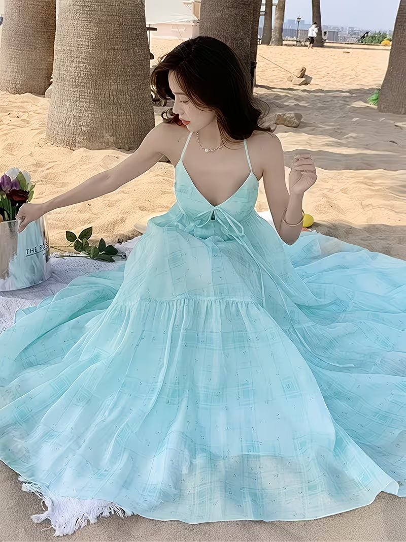 Summer New Blue Suspender Dress for Women, Beach Vacation Style, Off-Shoulder Long Dress with Backless Design