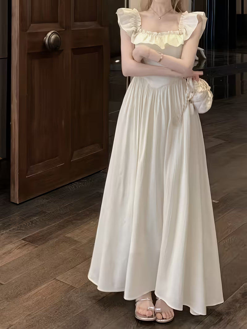 Women'S Summer French Sweet Waist- Dress, Stunning Vacation Long Dress, Ruffle Square Neck Flutter Sleeve Dress