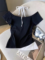 Letter Print Short-Sleeve T-Shirt for Women | Summer Design, Unique Faux Two-Piece Top, Trendy Halter Tank Top for Layering or Wearing Alone, Cropped Style
