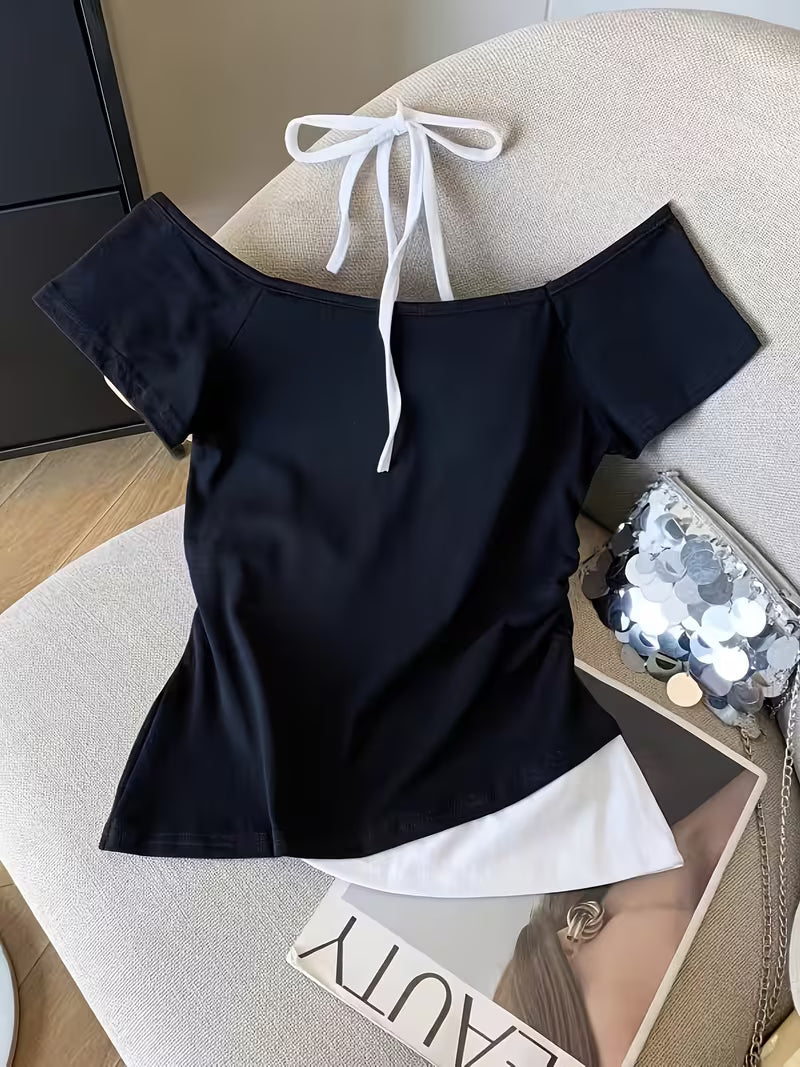 Letter Print Short-Sleeve T-Shirt for Women | Summer Design, Unique Faux Two-Piece Top, Trendy Halter Tank Top for Layering or Wearing Alone, Cropped Style