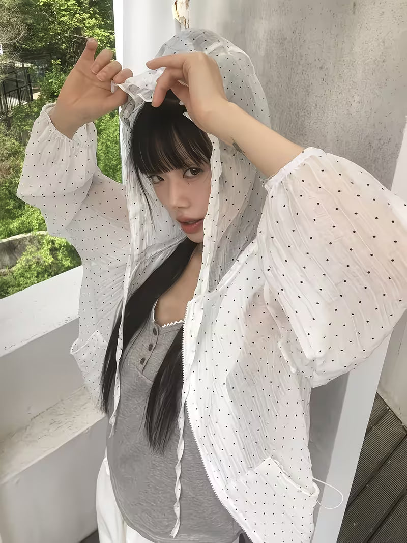 Korean Style Sunscreen Jacket Summer Lightweight Breathable Top Loose Polka Dot Loose Hooded Sweatshirt - Directional