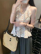 Summer Floral Halter Top Women V Neck Off Shoulder Backless Slim Y2K Cute Crop Top