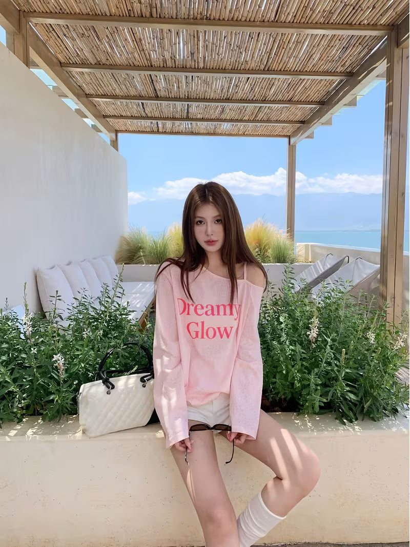 Korean Style Elegant Youthful Pink Letter Print Long Sleeve T-shirt Women Summer Thin Loose Casual Designer Niche Top