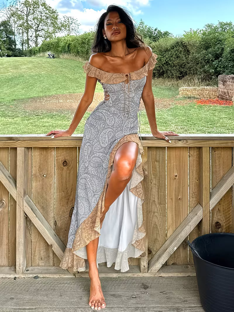 Off-the-shoulder Ruffled High-slit Sexy Fitted Spaghetti-Suspender Dress
